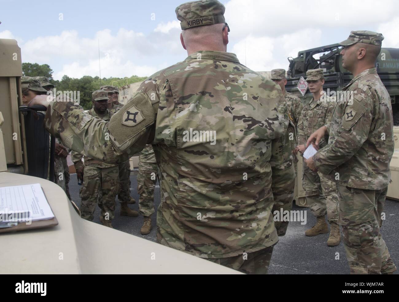 Soldiers from the 146th Expeditionary Signal Battalion prepare to assist possible disaster relief operations as a result of Hurricane Dorian from their home station armory, Jacksonville, FL, September, 2019. The FLNARG is always ready, always there. Our year-round training anticipates Florida's needs and challenges before an emergency occurs. (U.S. Army photo by Sgt. Leia D. Tascarini) Image courtesy Sgt. Leia Tascarini/107th Mobile Public Affairs Detachment. () Stock Photo