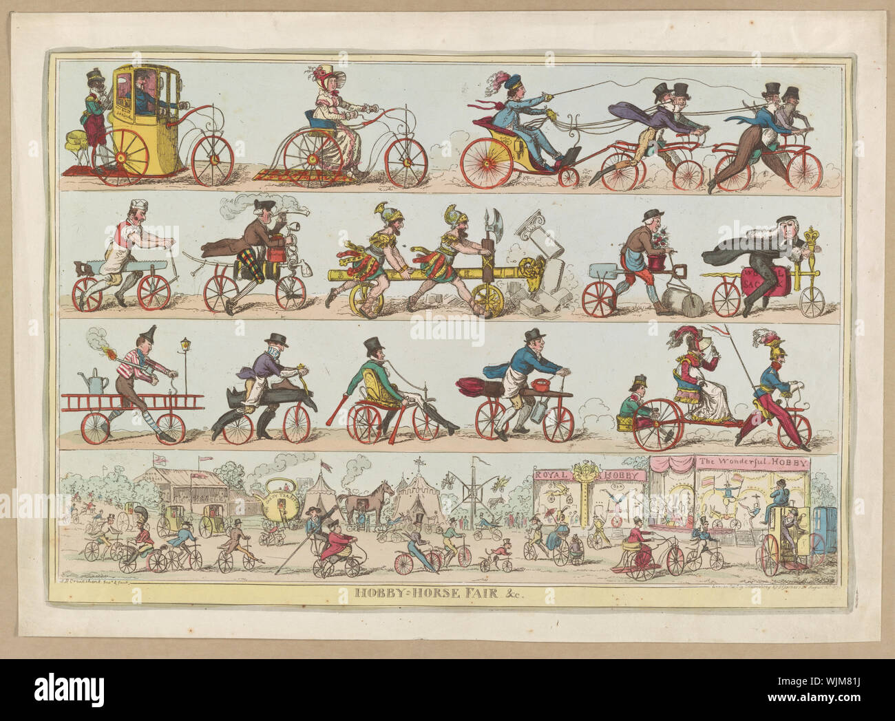Hobby-horse fair; Print shows men and women riding bicycles and tricycles to a fair. Stock Photo