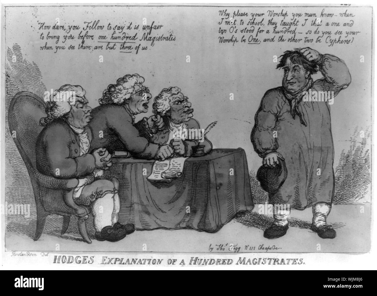 Hodges explanation of a hundred magistrates Abstract: A yokel in a long smock (right) stands, hat in hand, before three elderly J. P.s in old-fashioned dress; he tugs at his rough hair ... (Source: George) Stock Photo