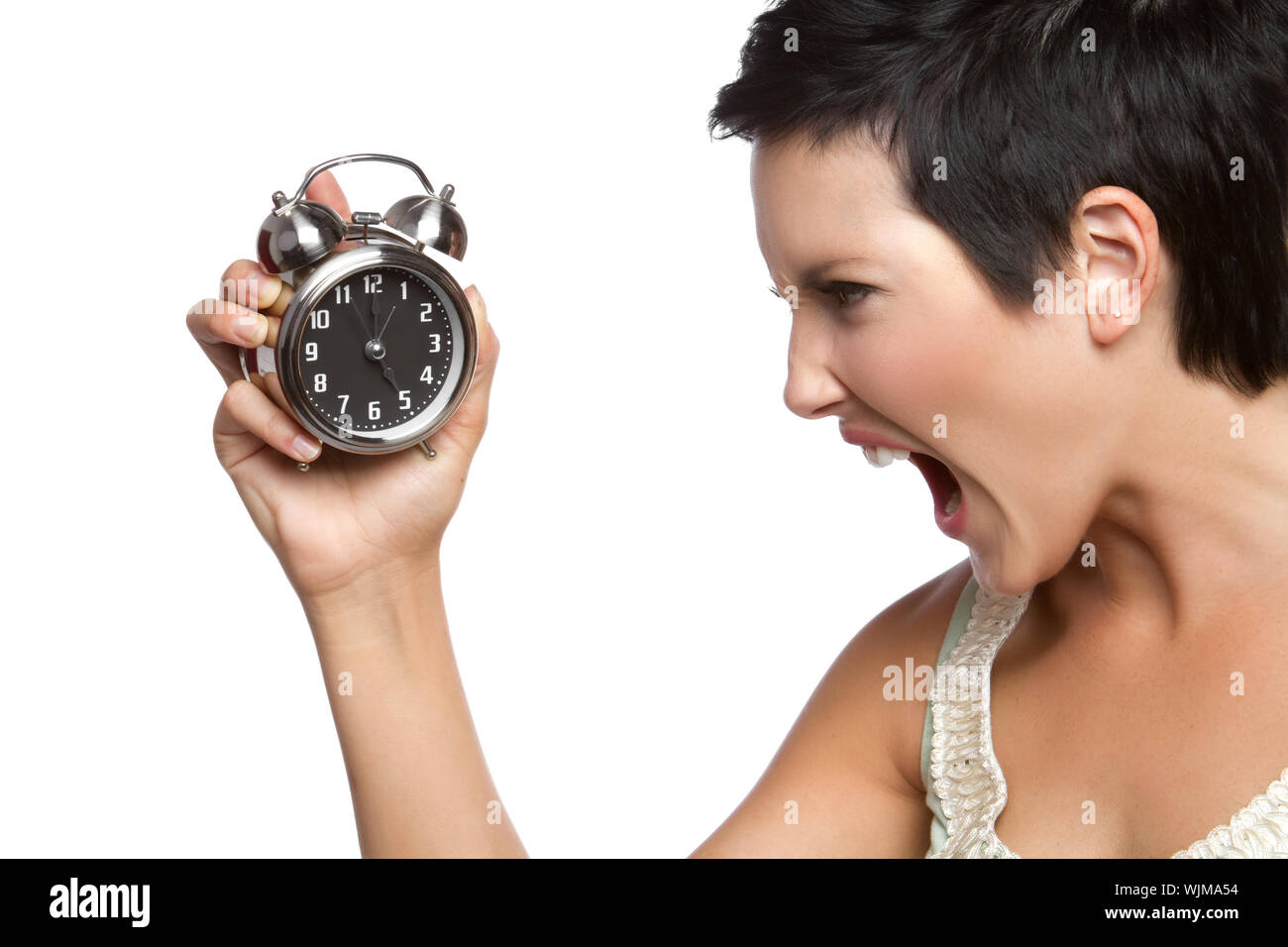 Angry yelling alarm clock woman Stock Photo Alamy
