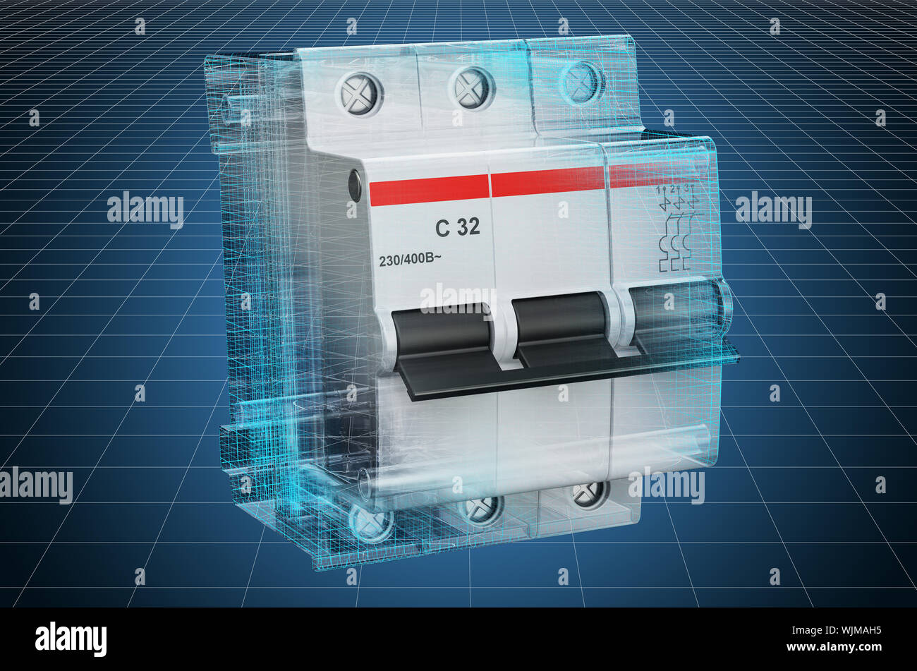 Visualization 3d cad model of threepole miniature circuit breaker