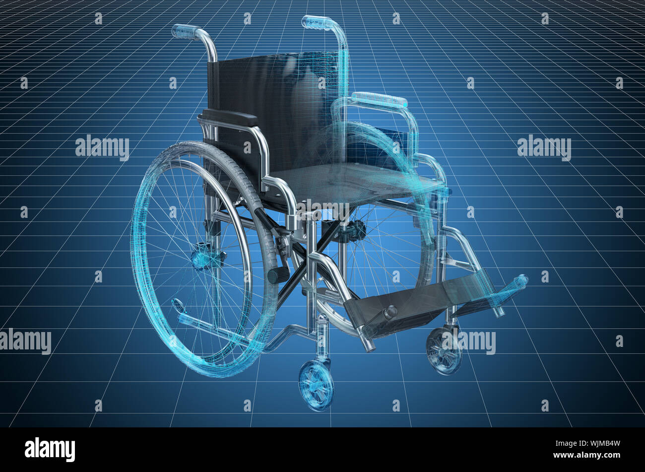 Visualization 3d cad model of wheelchair, blueprint. 3D rendering Stock