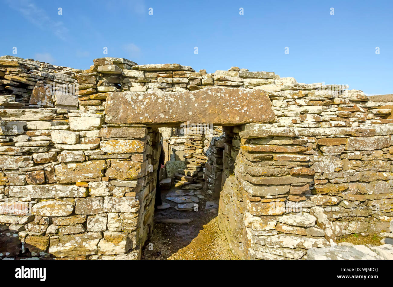 Broch of Gurness Entrance Orkney Islands, Scotland. A broch is a rounded Iron Age tower unique to Scotland. Stock Photo