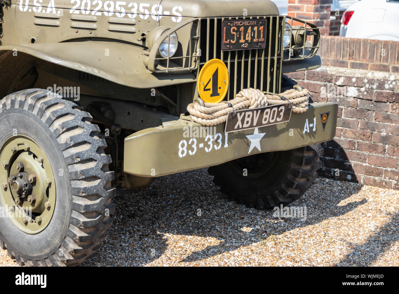 The front of a world war two American jeep, a vintage wartime vehicle Stock Photo