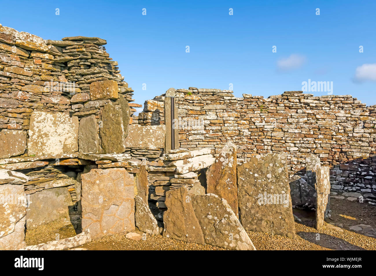 Broch of Gruness  Interior showing stone slabs and possible shelving, Orkney,  Scotland Stock Photo