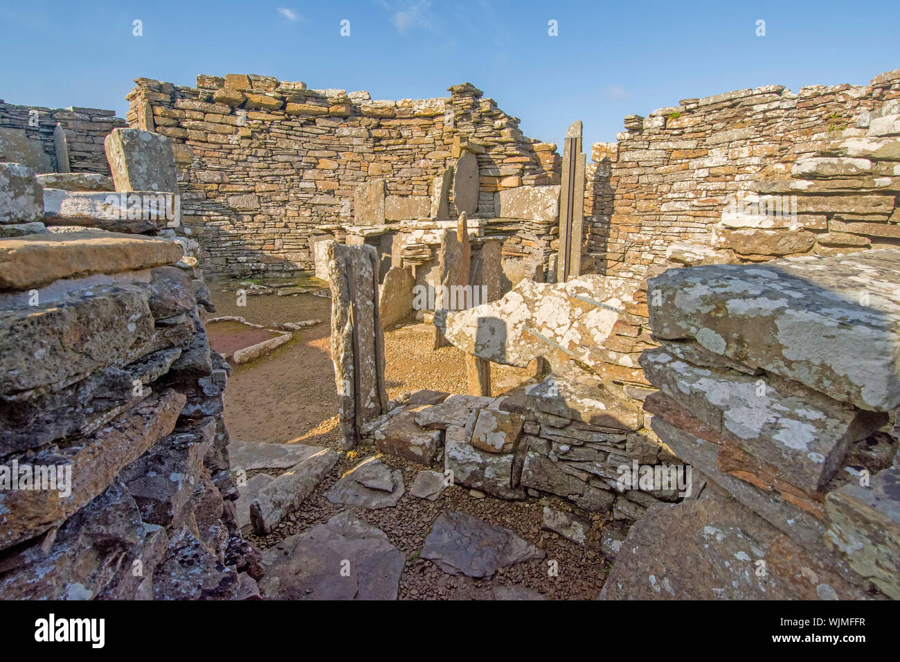 Broch of Gruness  Interior showing stone slabs and possibly shelving, Orkney, Scotland Stock Photo