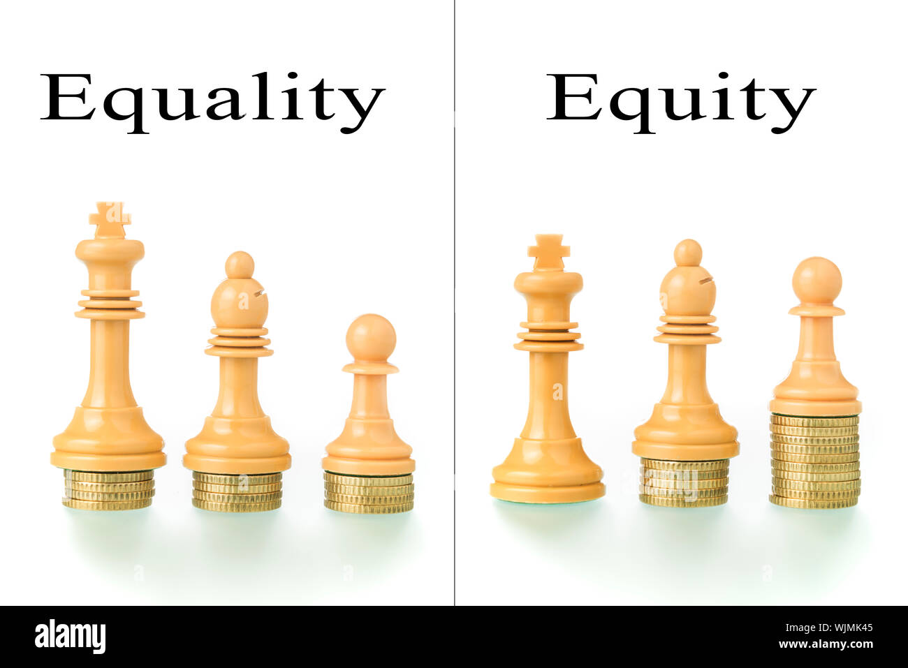 Photo montage with two conceptual photographs with chess pieces and coins showing the concepts of equality and equity. Stock Photo