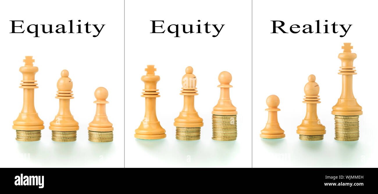 Photo montage with two conceptual photographs with chess pieces and coins  showing the concepts of equality and equity Stock Photo - Alamy