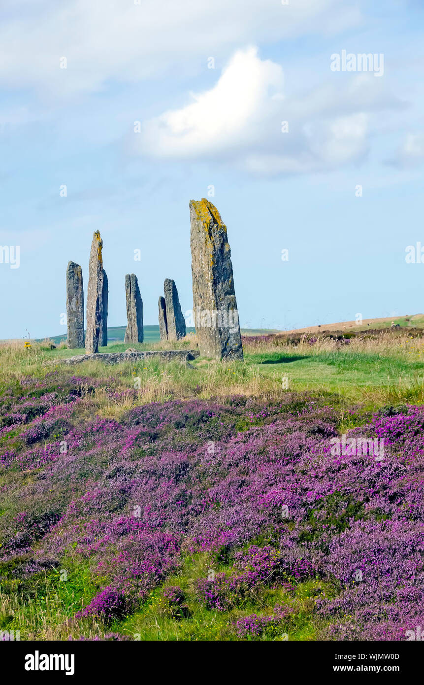 Ring of Brodgar erected 2500BC-2000BC is  the third largest stone circle in the British Isles. Stock Photo