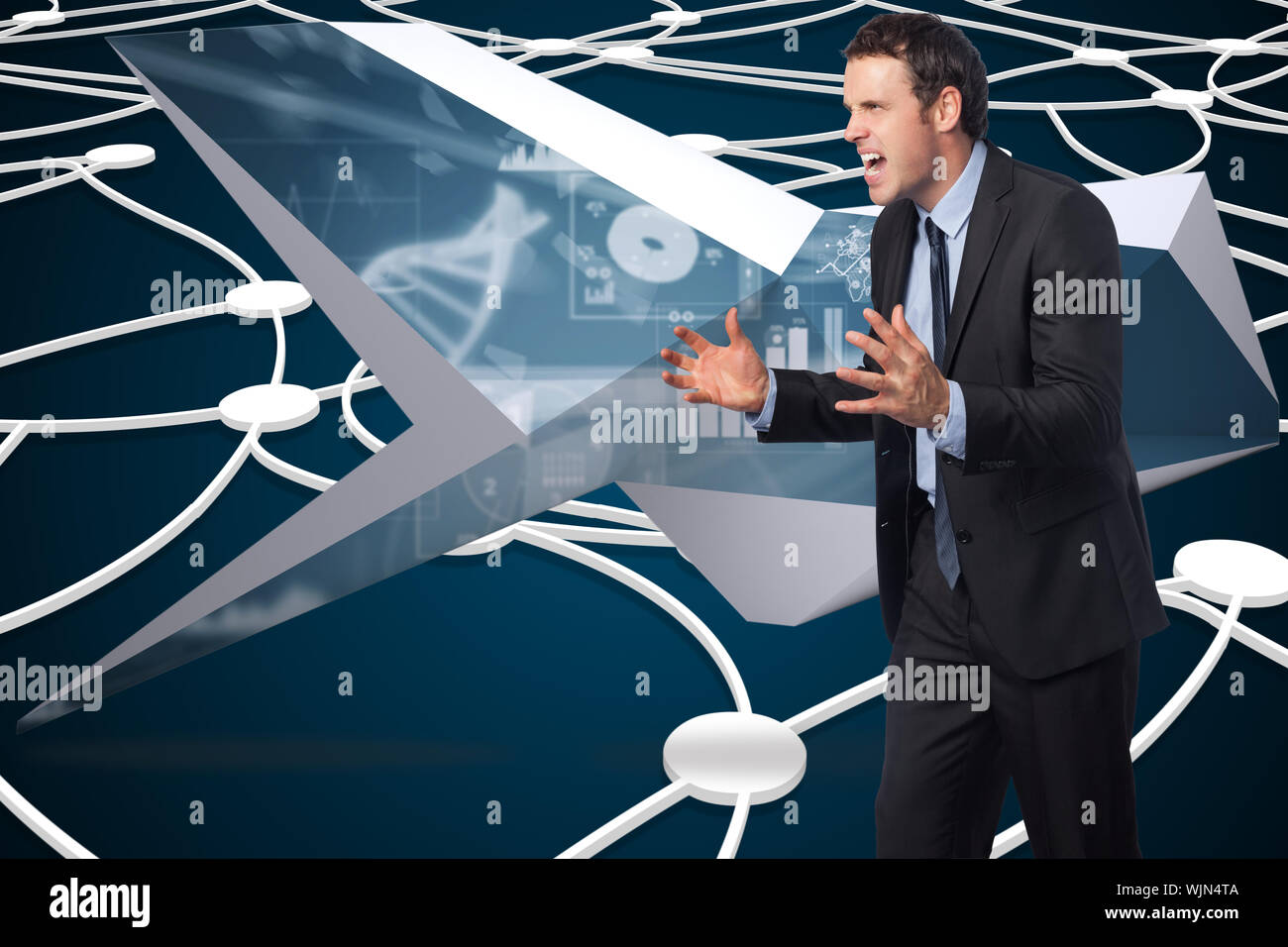 Stressed businessman gesturing against shiny lines on black background Stock Photo