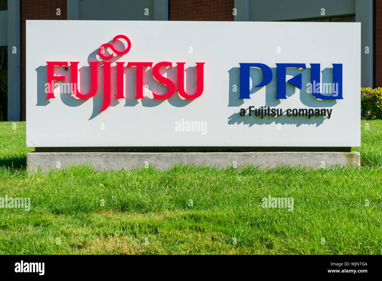 Fujitsu and PFU America sign at the company office in Silicon Valley, high-tech hub of San Francisco Bay Area Stock Photo
