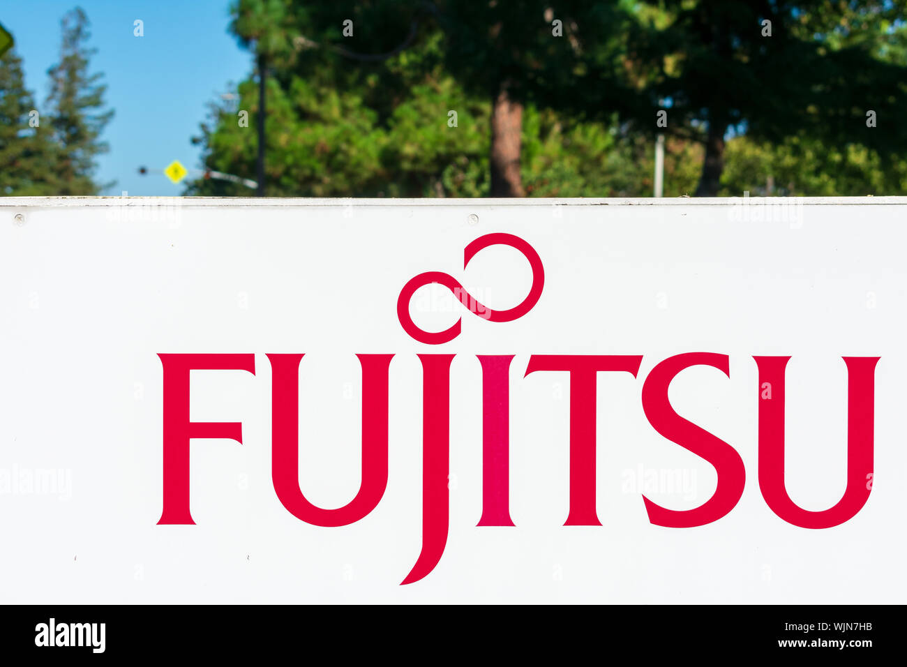 Fujitsu sign at the company office in Silicon Valley, high-tech hub of San Francisco Bay Area Stock Photo