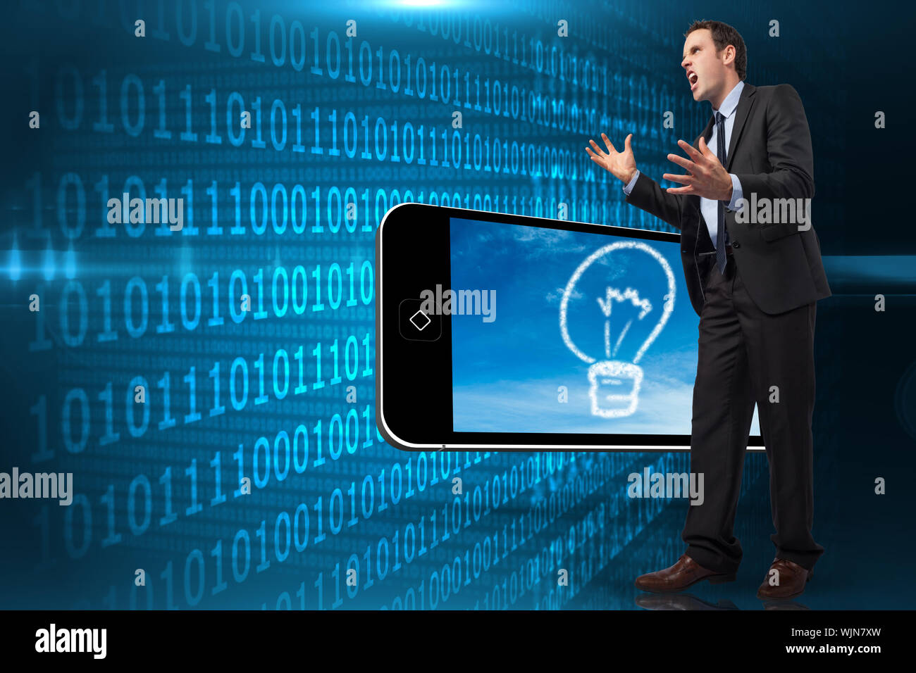 Stressed businessman gesturing against shiny blue binary code on black background Stock Photo
