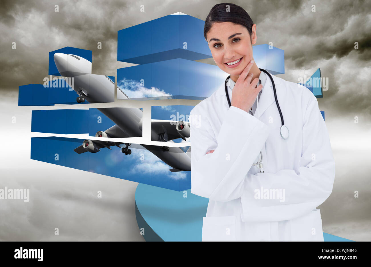 Smiling female doctor in thinkers pose against blue arrow pointing up against sky Stock Photo