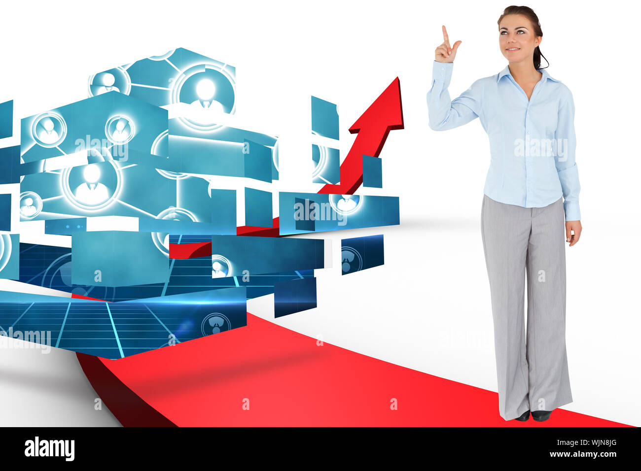 Businesswoman pointing up against red arrow pointing up Stock Photo - Alamy
