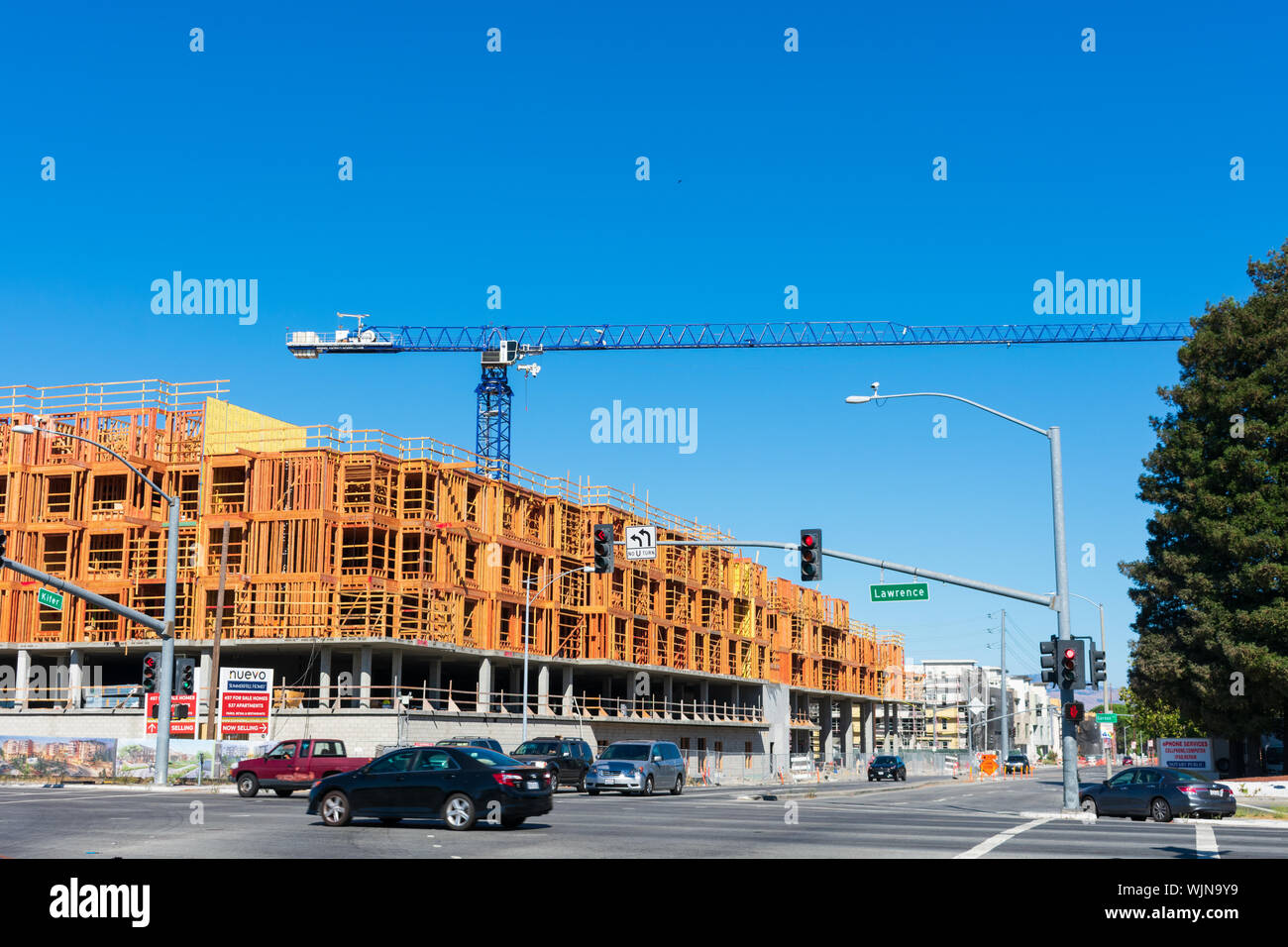Street view of new residential construction Nuevo by SummerHill Home builder in Silicon Valley near the Lawrence train station Stock Photo