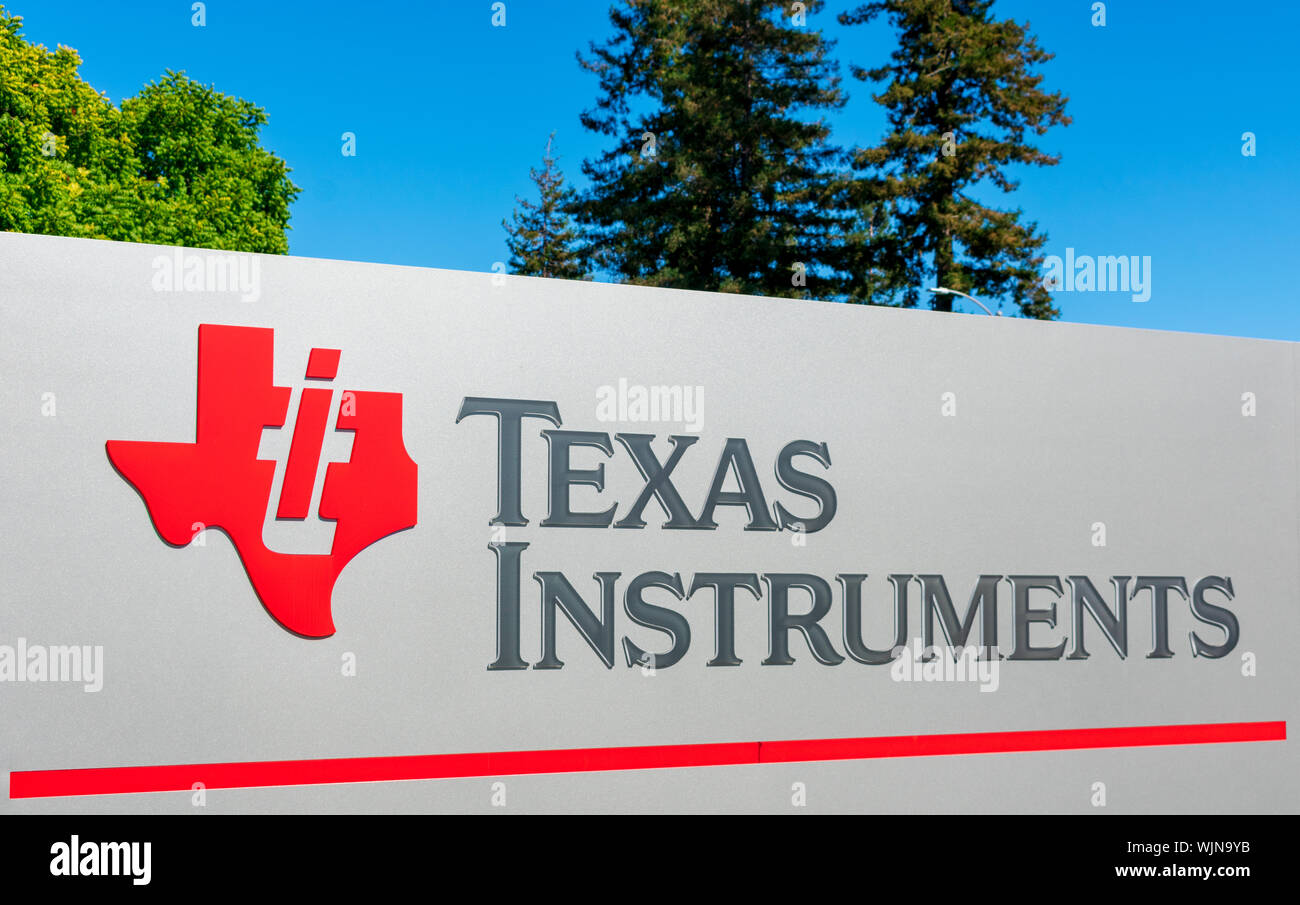Texas Instruments sign at the semiconductors company office in Silicon Valley, high-tech hub of San Francisco Bay Area Stock Photo