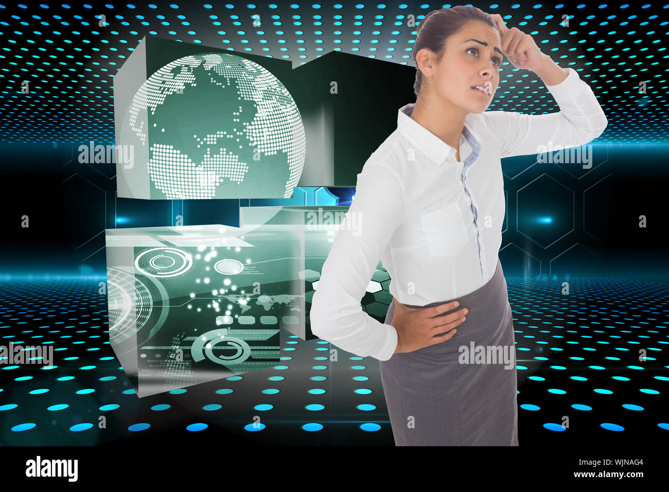 Worried businesswoman against keyhole on technological glowing background Stock Photo