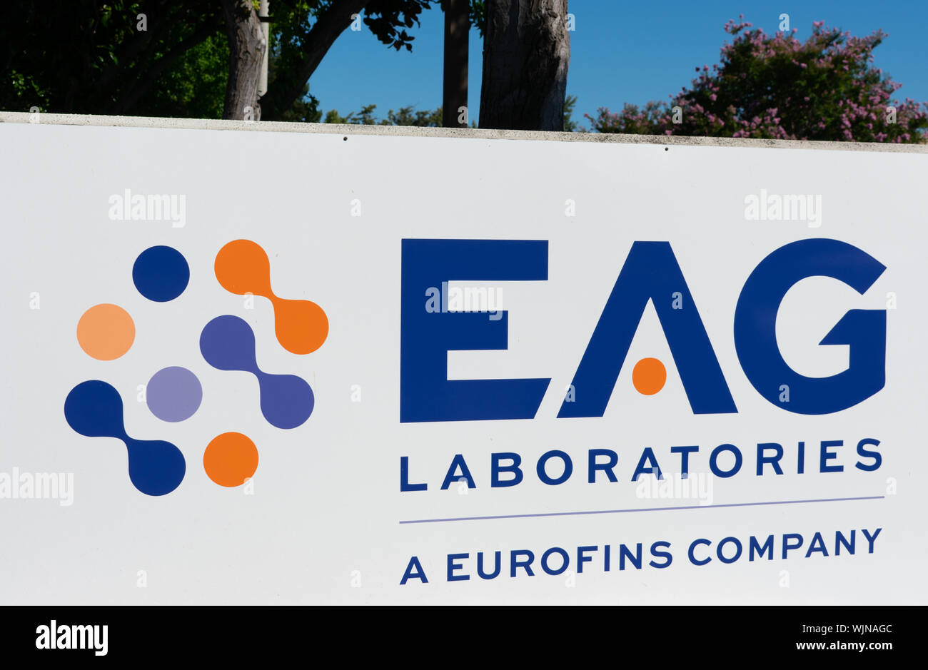 EAG Laboratories sign at the company office in Silicon Valley, high-tech hub of San Francisco Bay Area Stock Photo