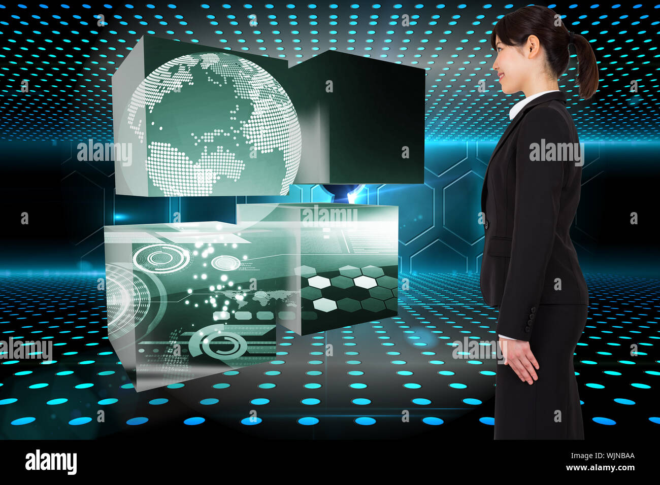 Smiling businesswoman against keyhole on technological glowing background Stock Photo