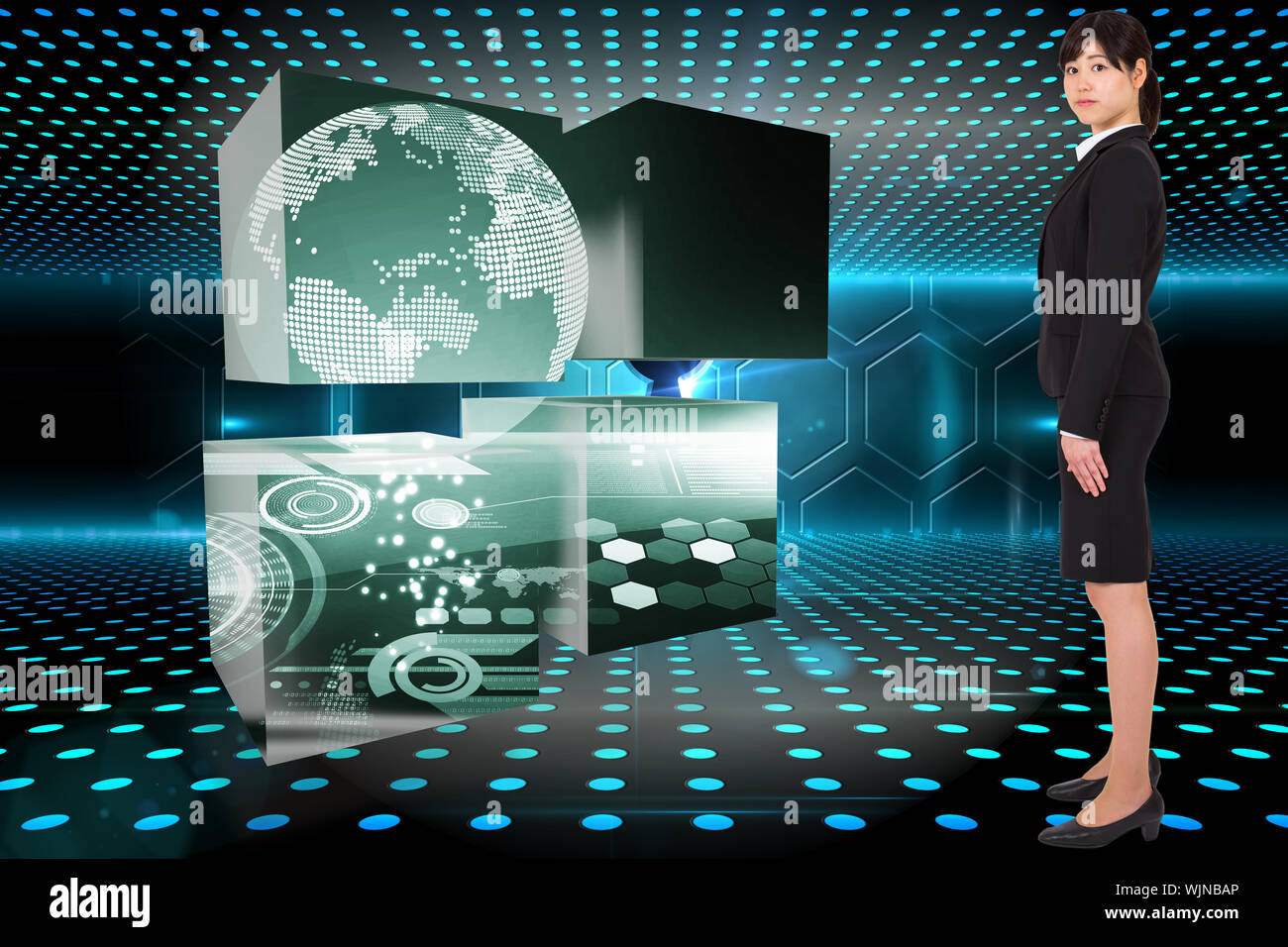 Serious businesswoman against keyhole on technological glowing background Stock Photo
