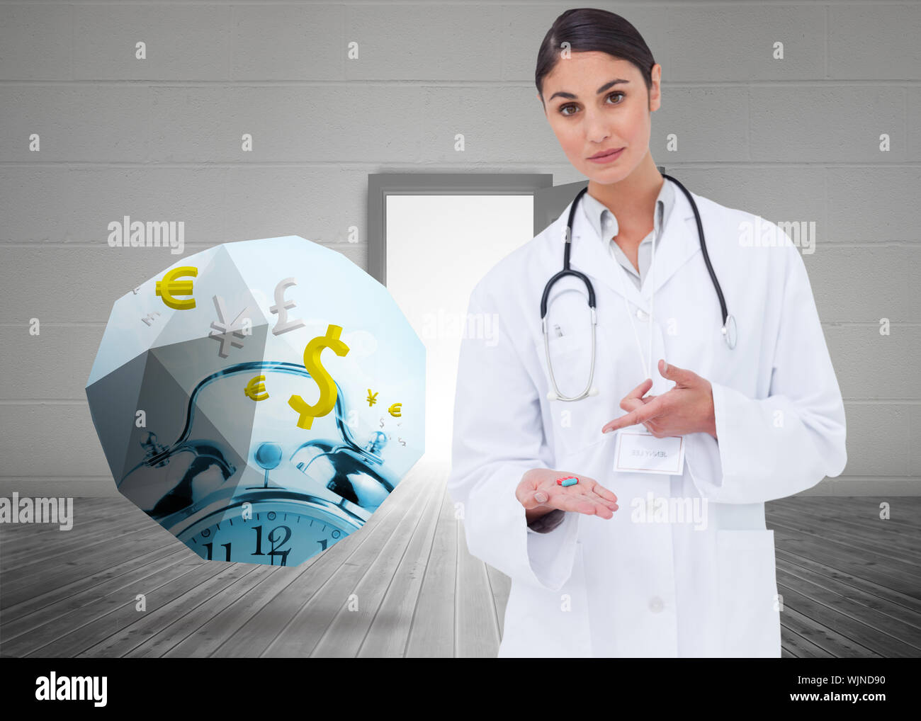 Pills on abstract screen against bright green room with windows Stock
