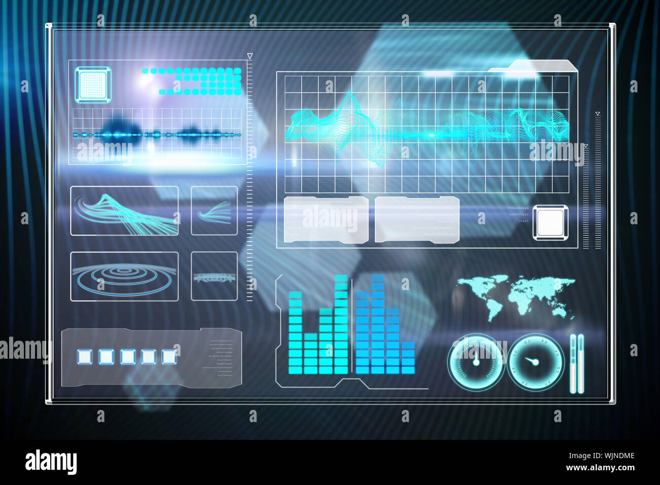 Business interface against shiny hexagons on black background Stock Photo