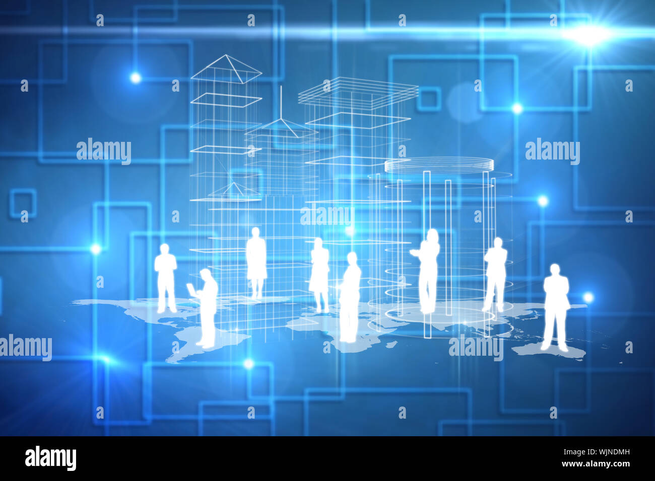 Technology interface against black background with shiny squares Stock Photo