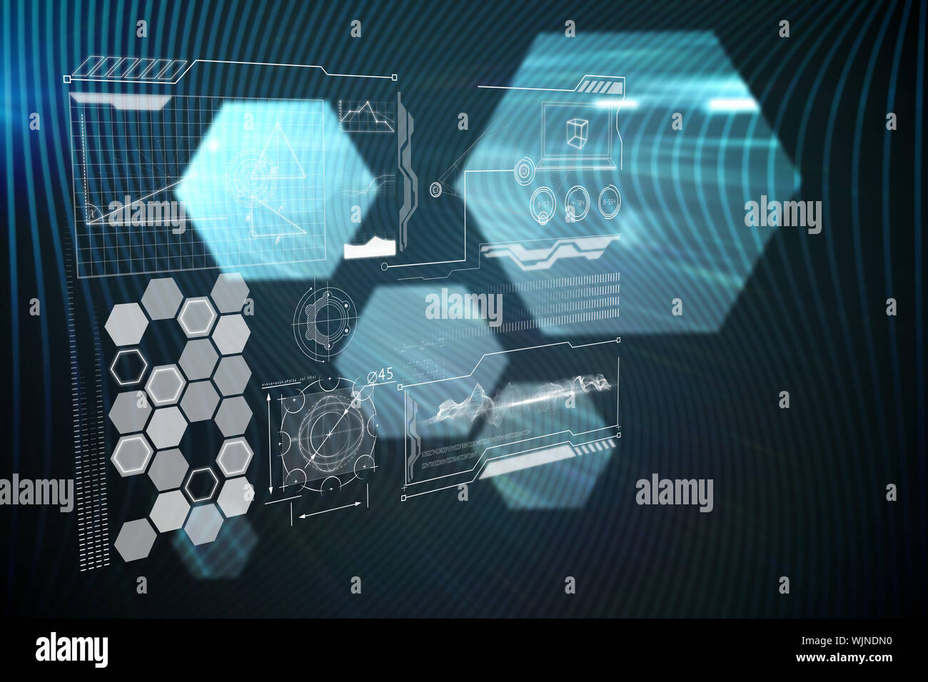 Technology interface against shiny hexagons on black background Stock Photo