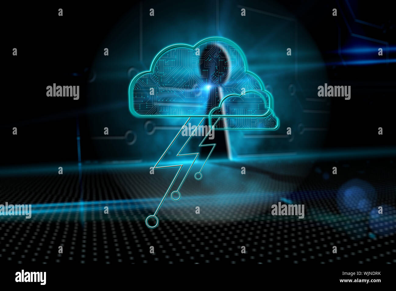 Cloud computing background against keyhole on technological background Stock Photo