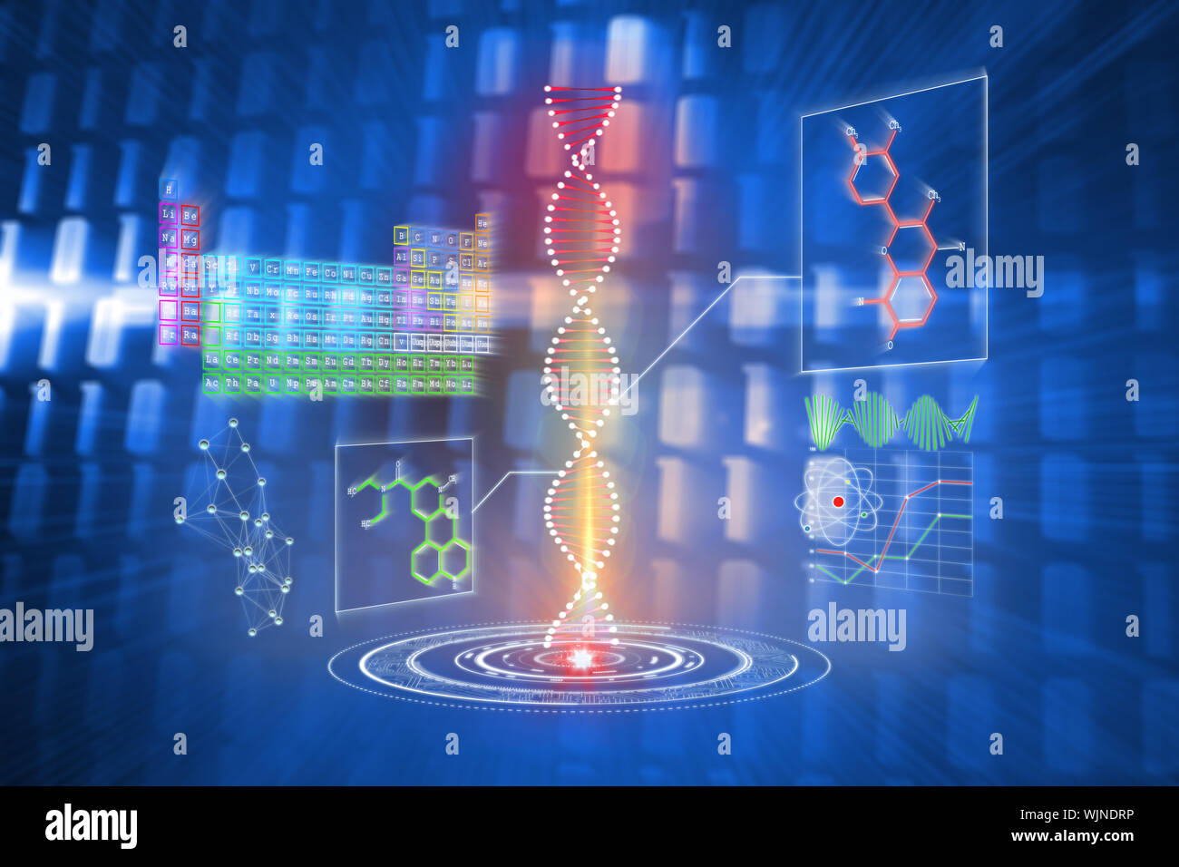 DNA helix interface against glowing squares on blue background Stock Photo