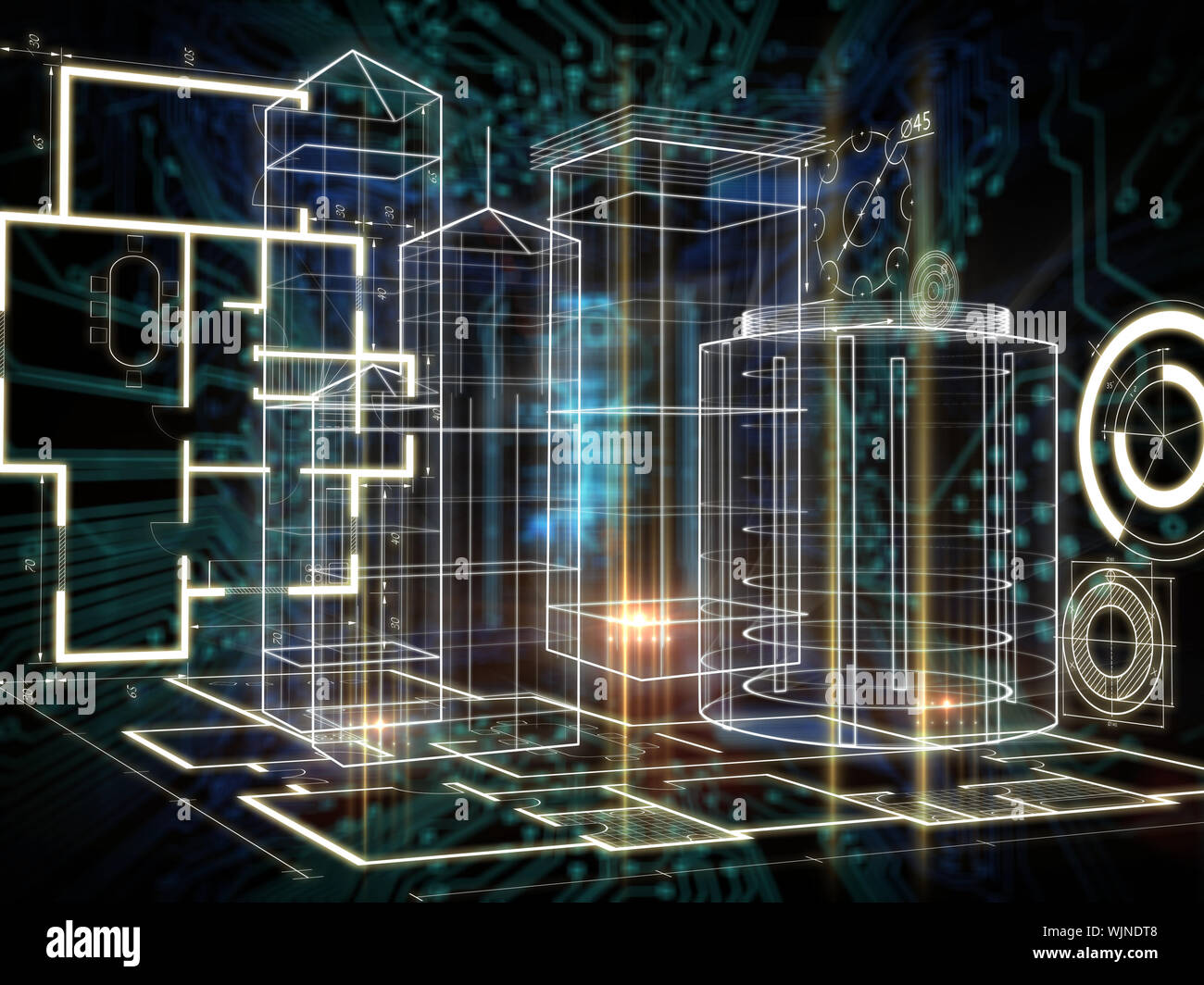 Technology interface against shiny key on black circuit board background Stock Photo