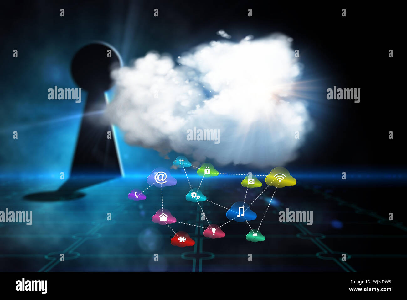 Cloud computing background against keyhole on technological black background Stock Photo