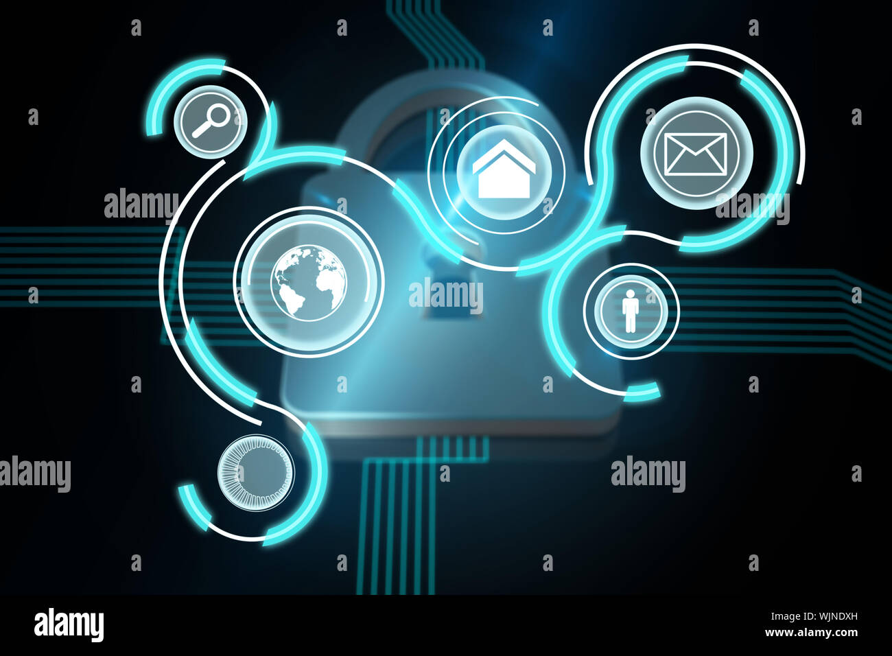 Computer applications  against shiny lock on black background Stock Photo