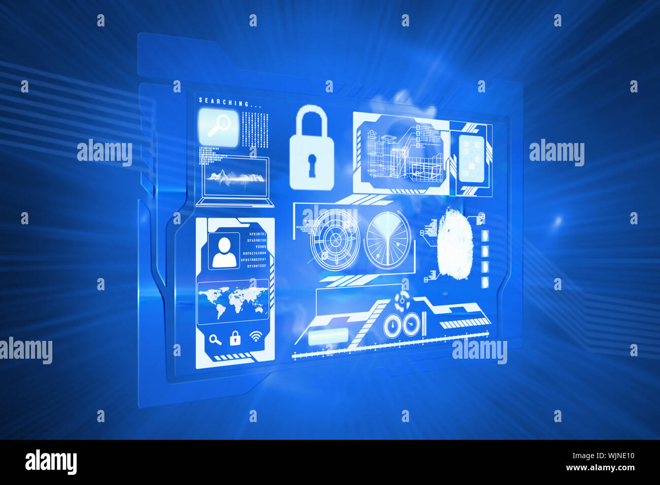 Security interface against shiny cogs on blue background Stock Photo