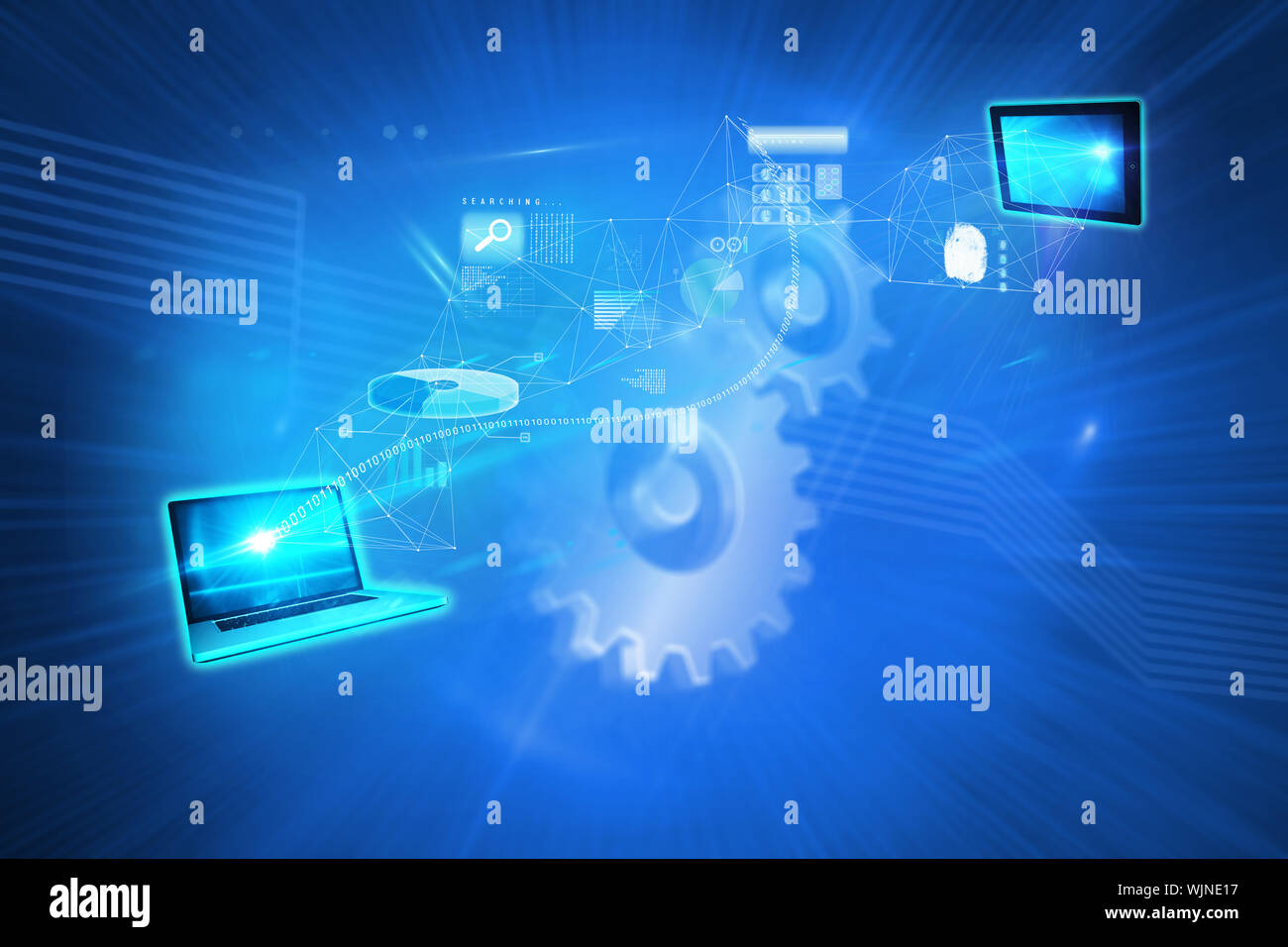 File transfer background against shiny cogs on blue background Stock Photo