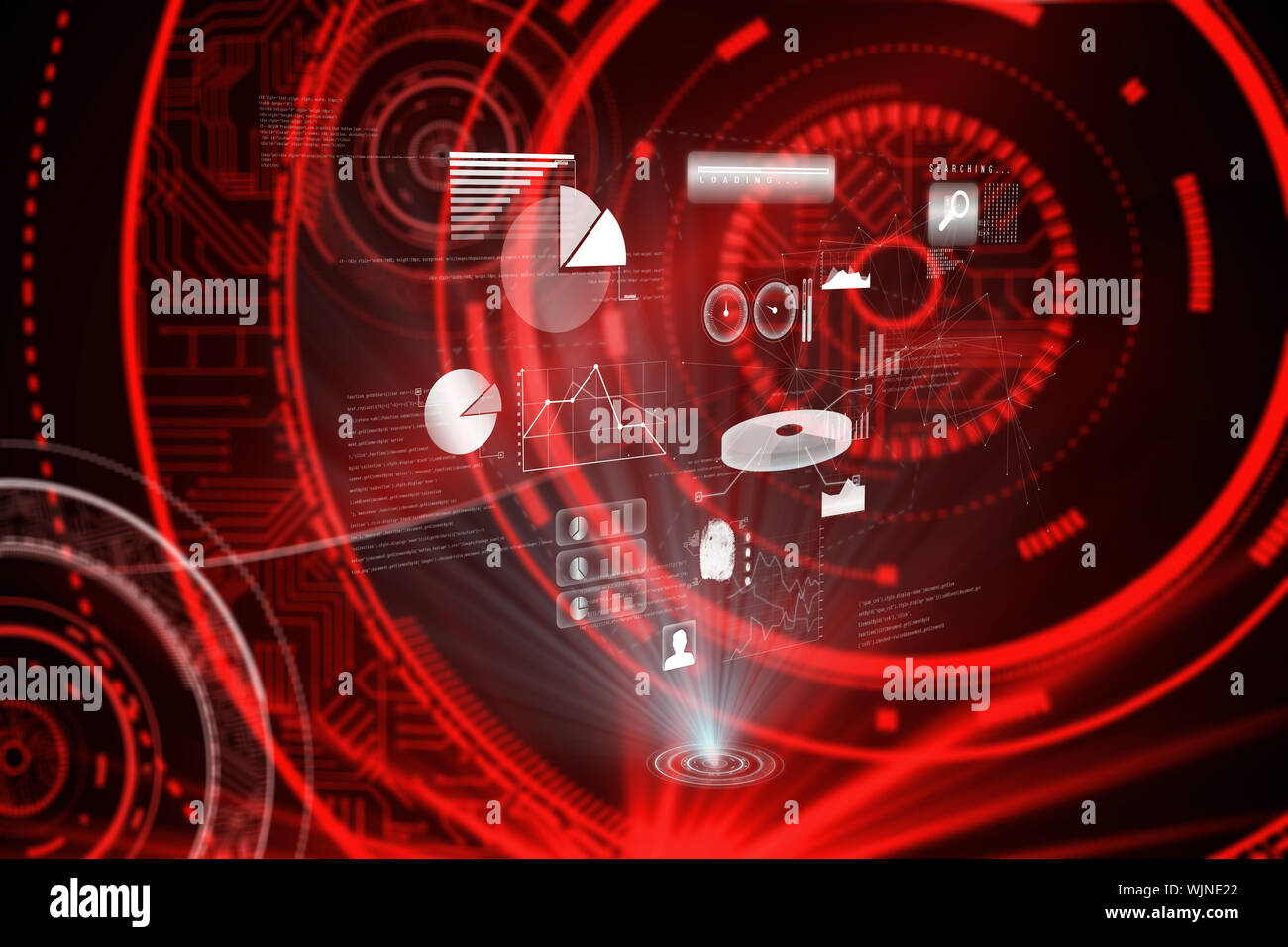 Data technology background against shiny red circles on black background Stock Photo