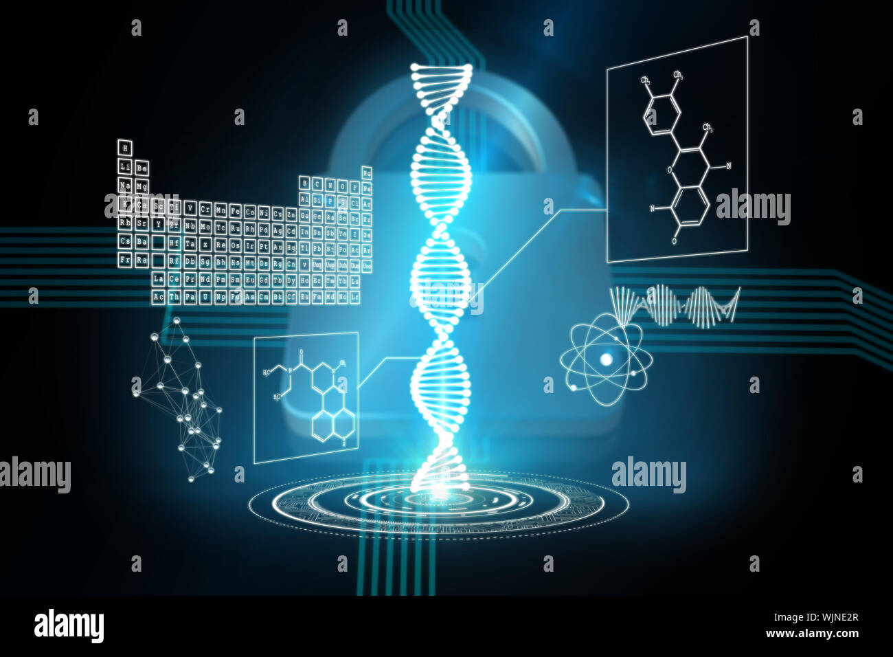 DNA helix interface against shiny lock on black background Stock Photo