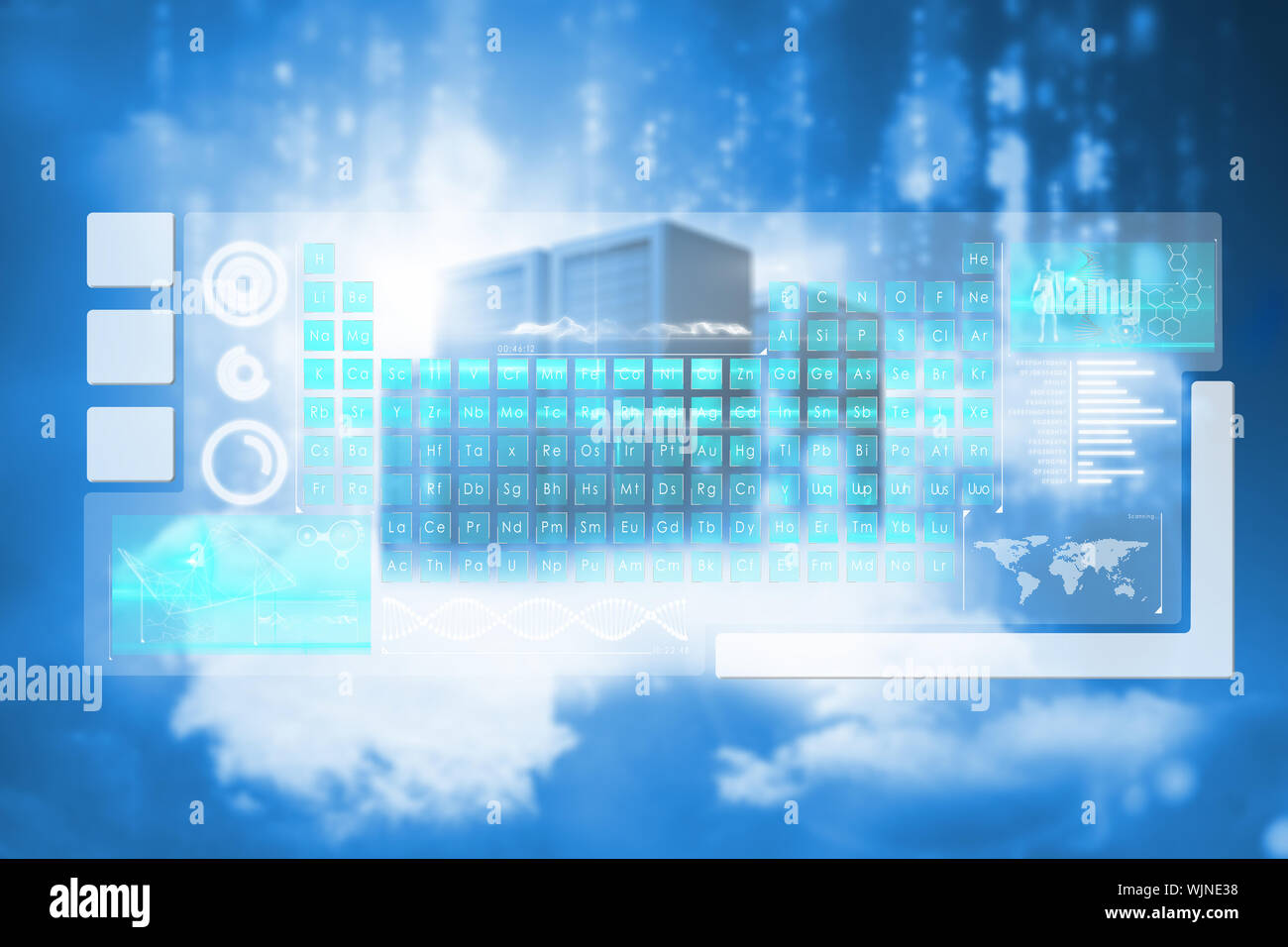 Keyboard interface against cityscape on cloud Stock Photo