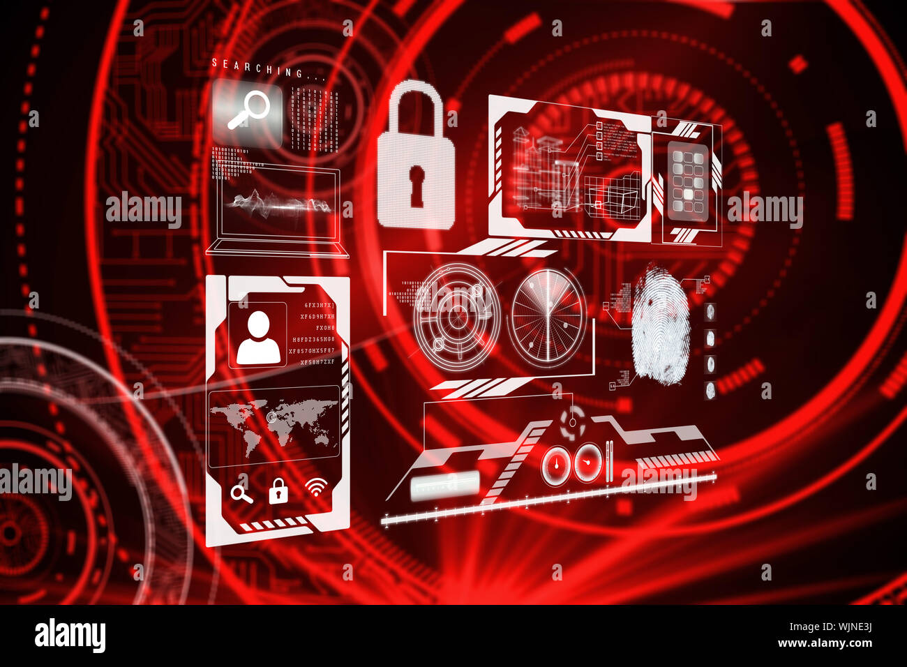 Identification interface against shiny red circles on black background Stock Photo