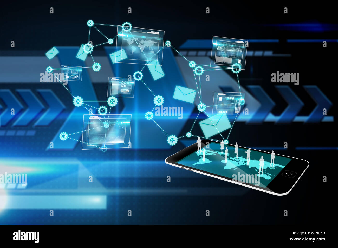 Data analysis interface background  against arrows on technical background Stock Photo