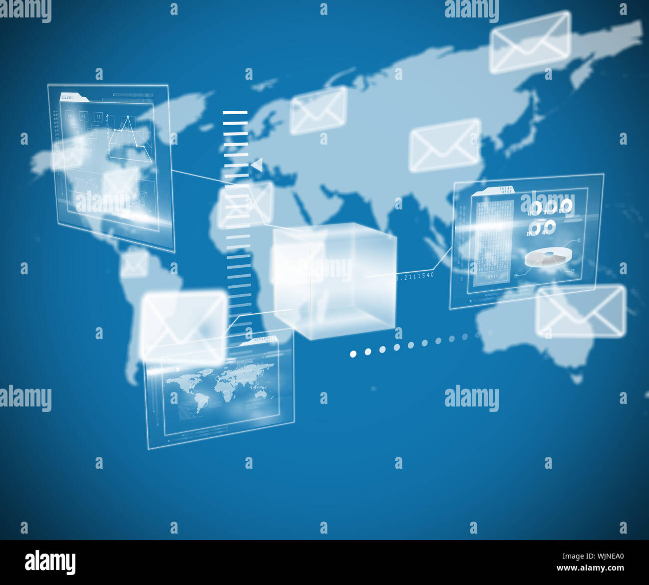 Technology interface against world map with envelopes Stock Photo - Alamy