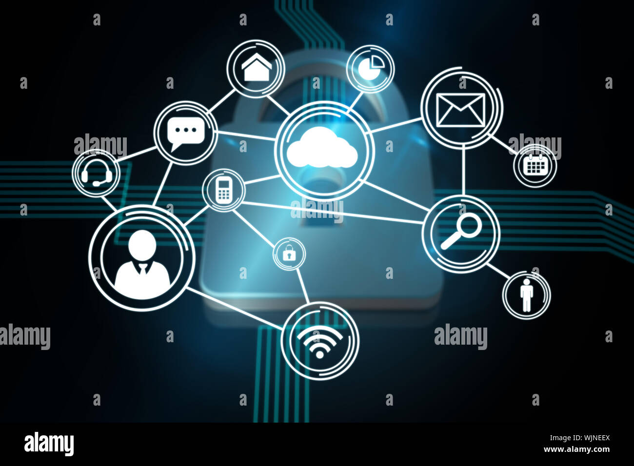 Technology interface against shiny lock on black background Stock Photo