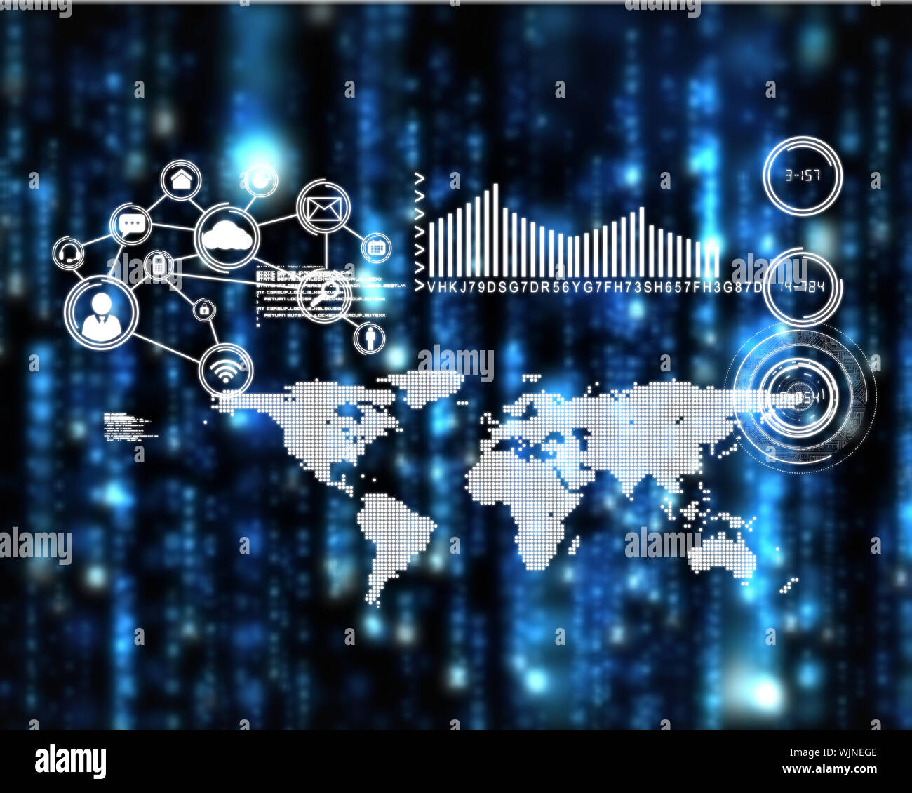 Technology interface against lines of blue blurred letters falling Stock Photo