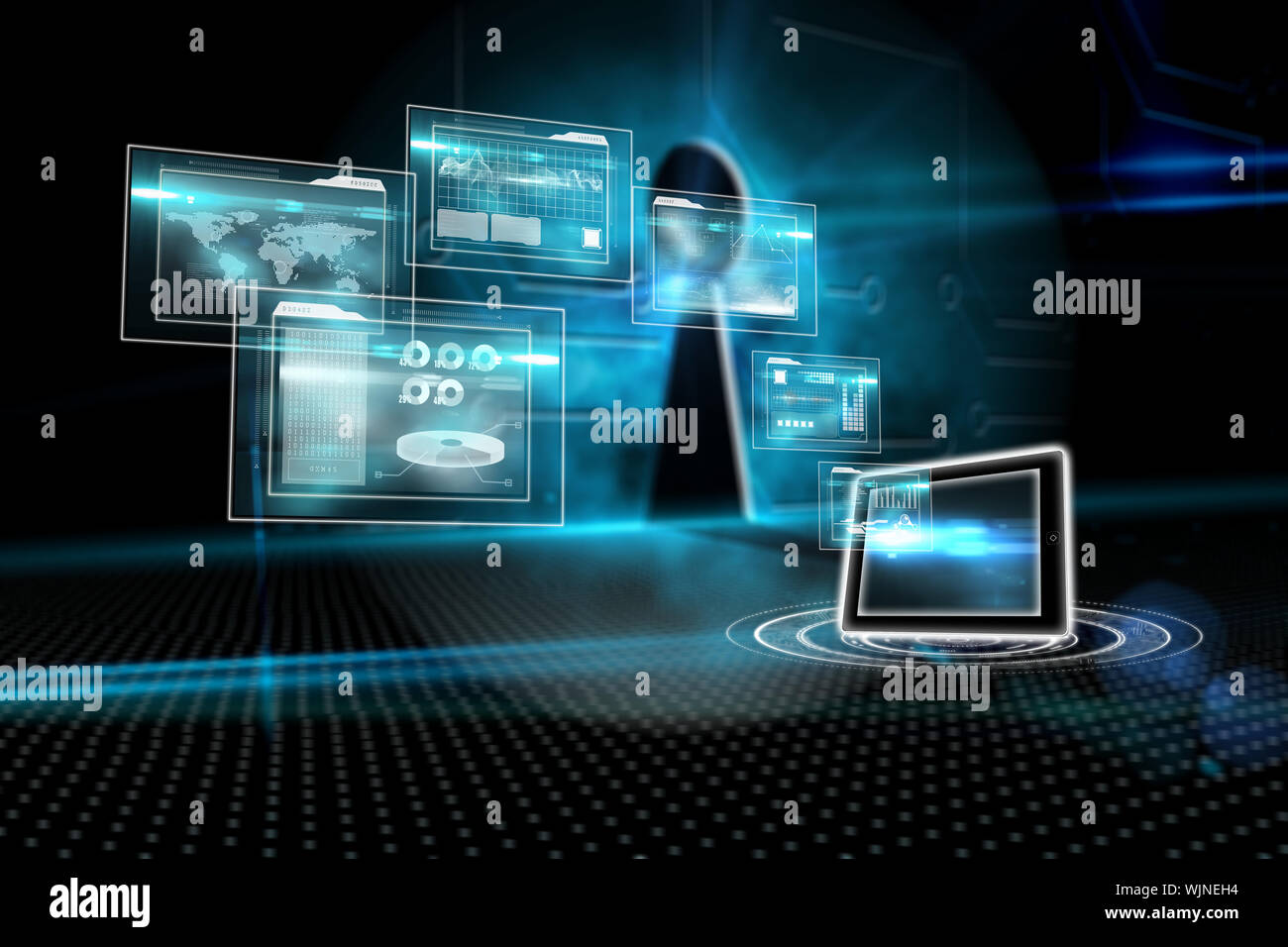 Business interfaces and tablet against keyhole on technological background Stock Photo