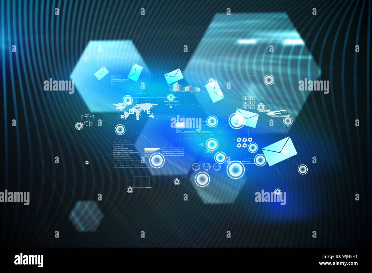 Email communication background against shiny hexagons on black background Stock Photo