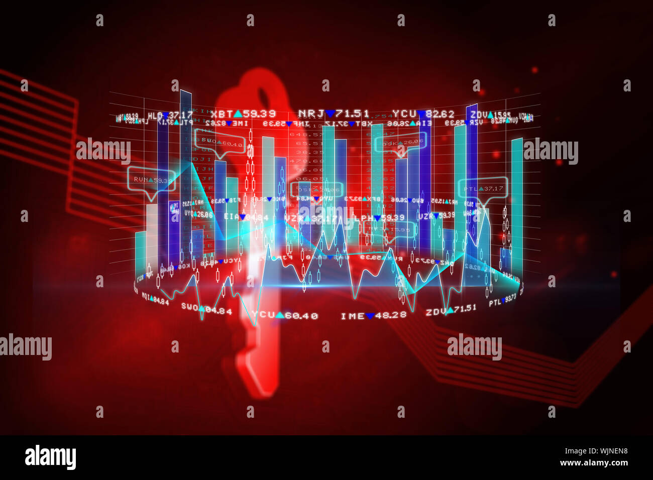 Business interface against shiny red key on black background Stock Photo