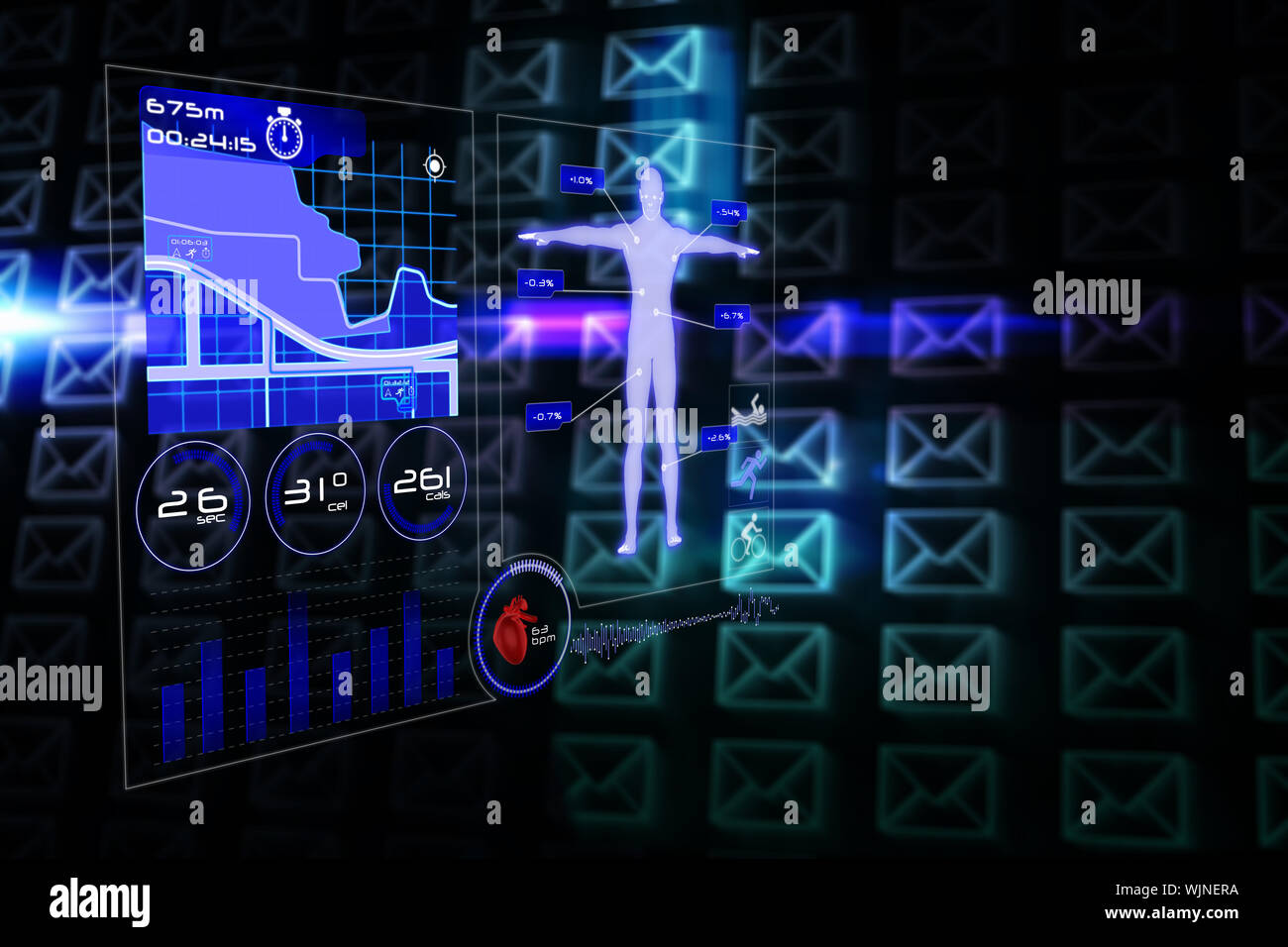 Medical interface against glowing envelopes on black background Stock Photo