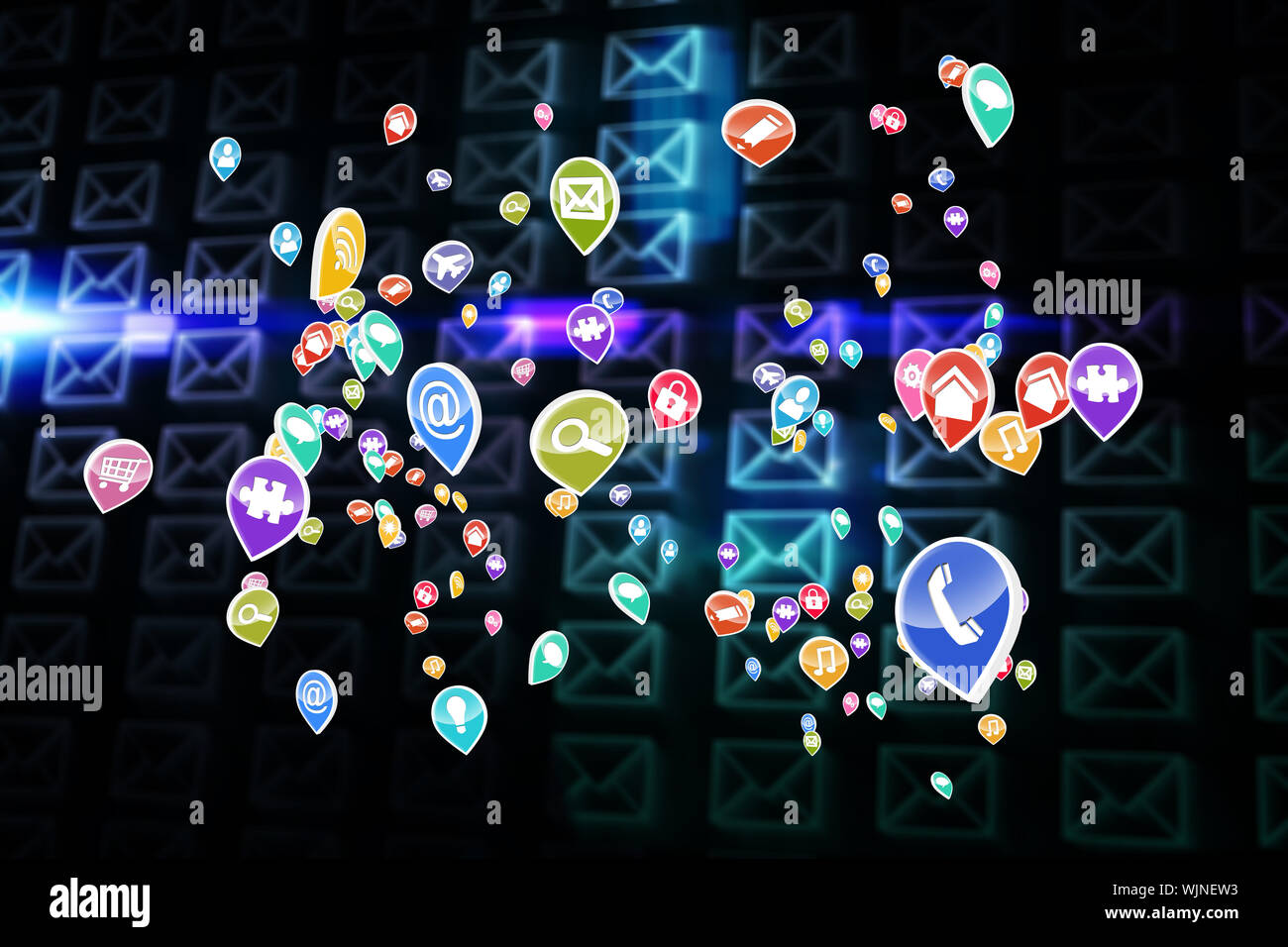 Colourful computer applications against glowing envelopes on black  background Stock Photo - Alamy