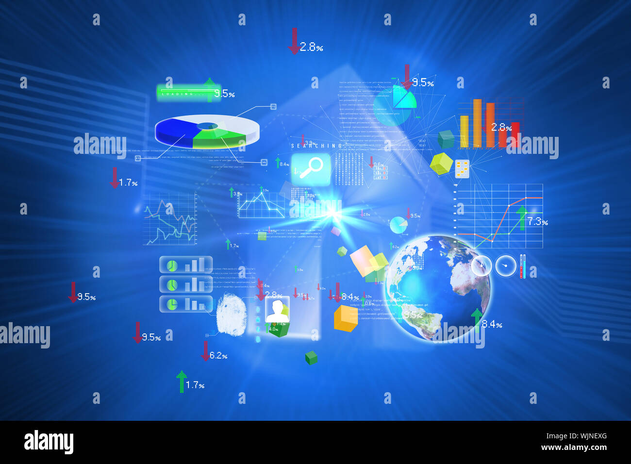 Global technology background against shiny house on blue background Stock Photo